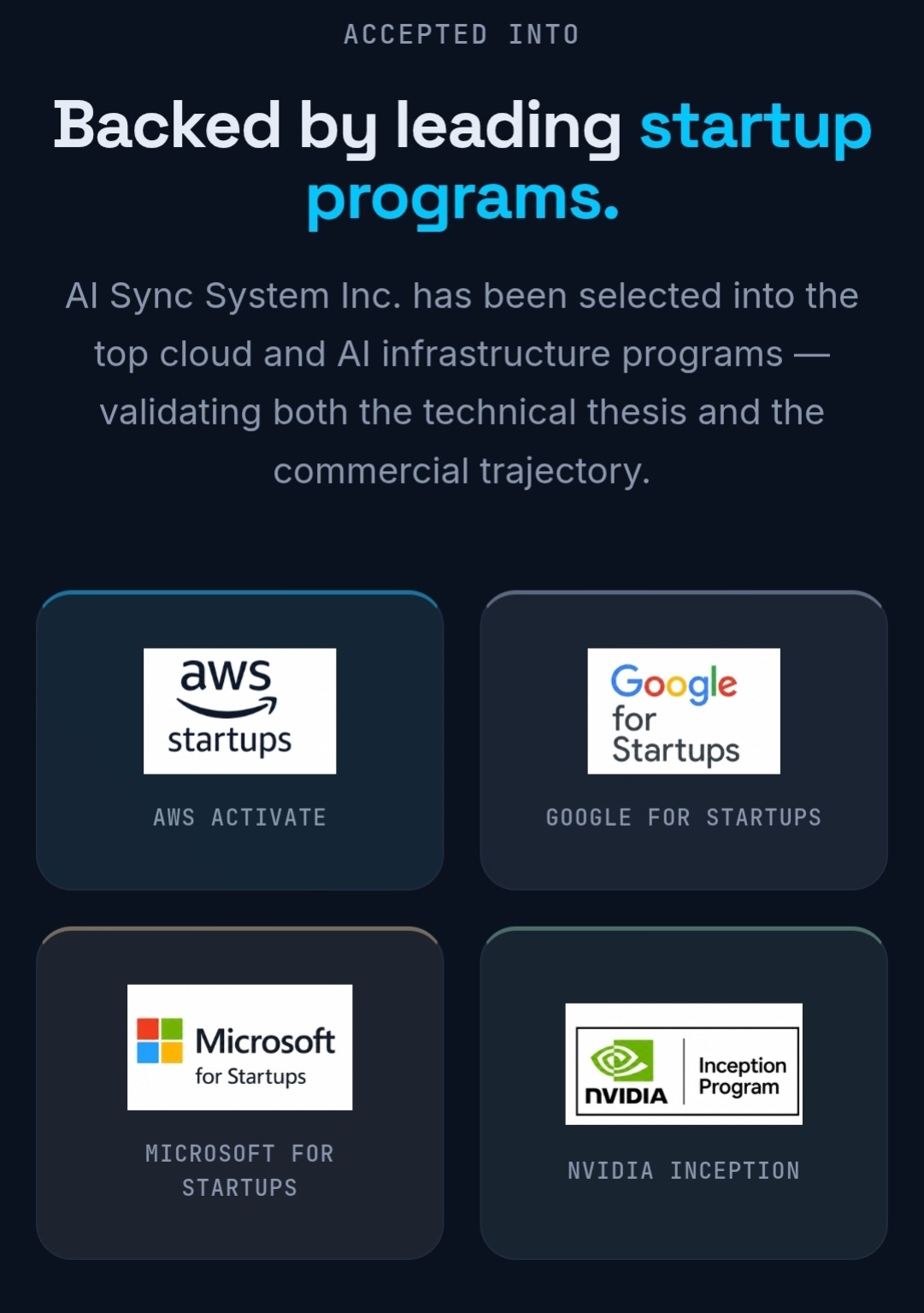 AI Sync participation in AWS Activate, Google for Startups, Microsoft for Startups, and NVIDIA Inception